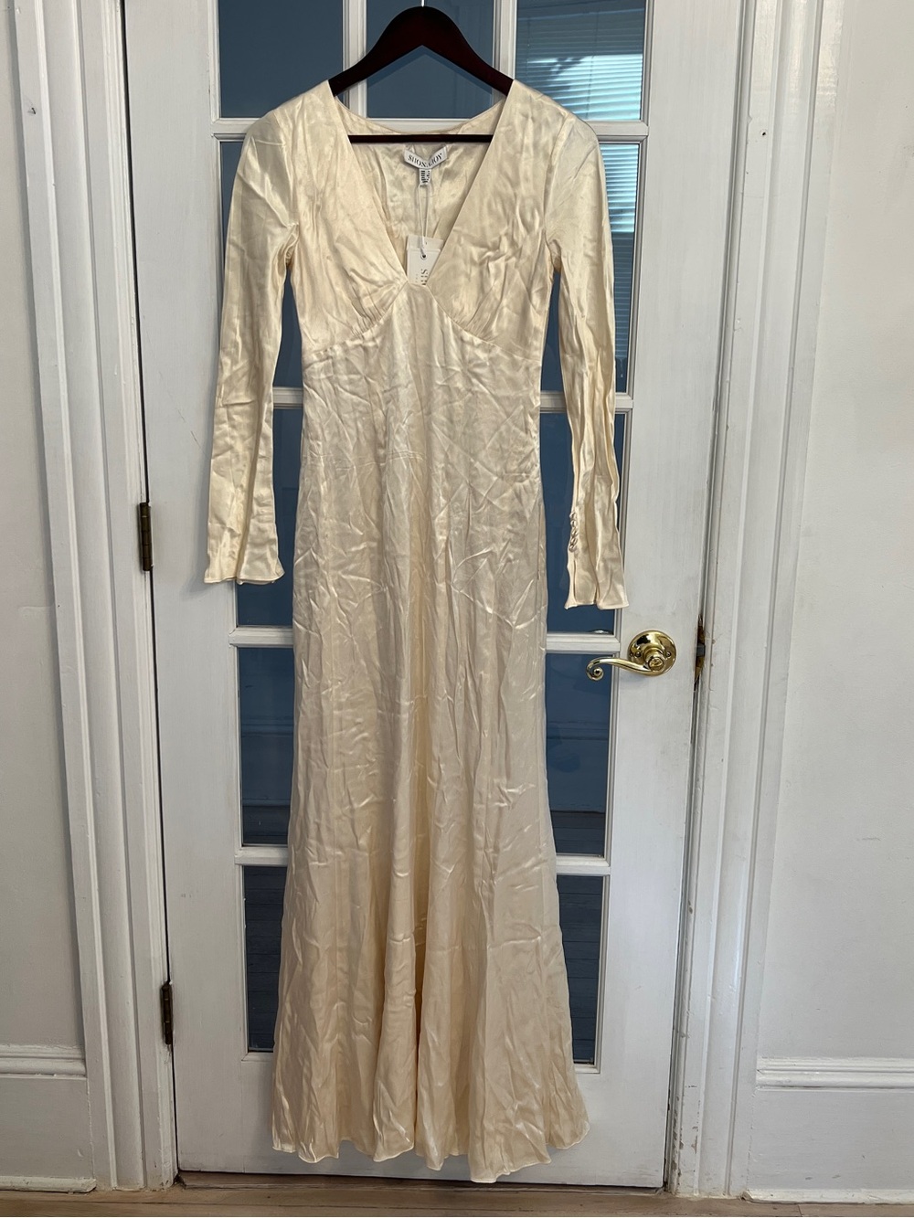 SHONA JOY La Lune Plunged Panelled Maxi Dress Cream Long Sleeve US 2 NWT